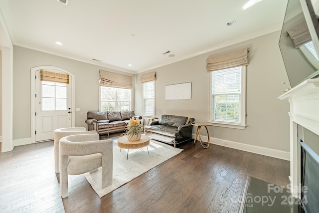 living room featuring ornamental molding, a wealth of natural light, and dark wood-type flooring