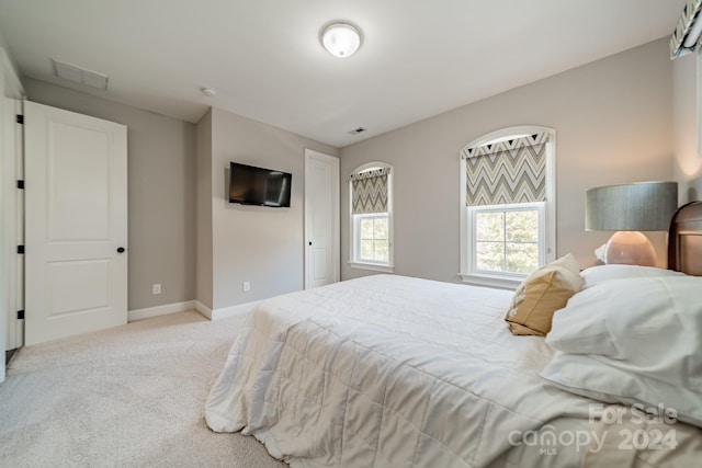 bedroom with light carpet