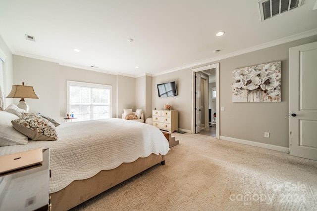 bedroom featuring light carpet and ornamental molding