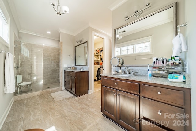 bathroom featuring crown molding, vanity, and walk in shower