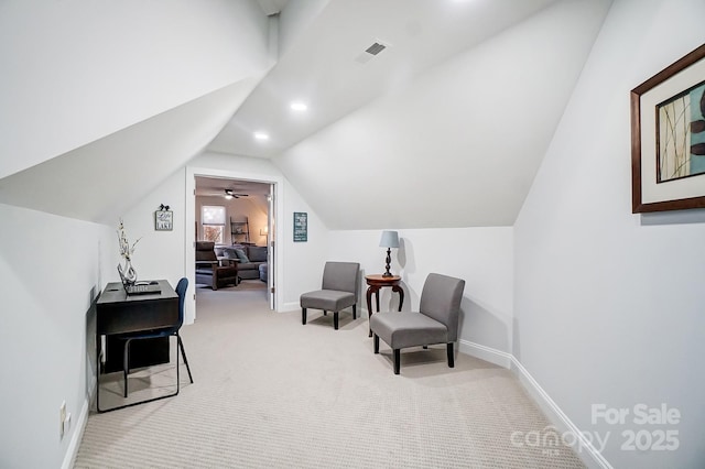 living area featuring carpet flooring, baseboards, recessed lighting, visible vents, and lofted ceiling