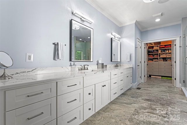 20361 Enclave Oaks Ct, Cornelius, NC 28031 - full bath featuring a shower stall, double vanity, marble finish flooring, crown molding, and a spacious closet