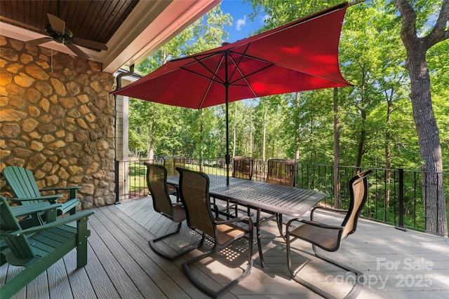 20361 Enclave Oaks Ct, Cornelius, NC 28031 - wooden terrace with outdoor dining space and ceiling fan