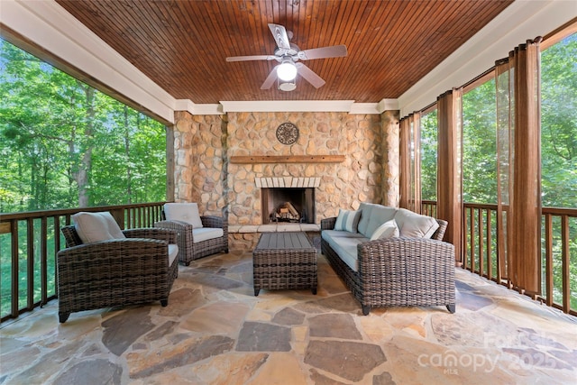 20361 Enclave Oaks Ct, Cornelius, NC 28031 - view of patio with an outdoor living space with a fireplace and ceiling fan