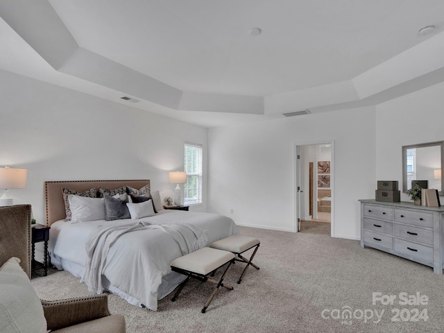 carpeted bedroom with a tray ceiling