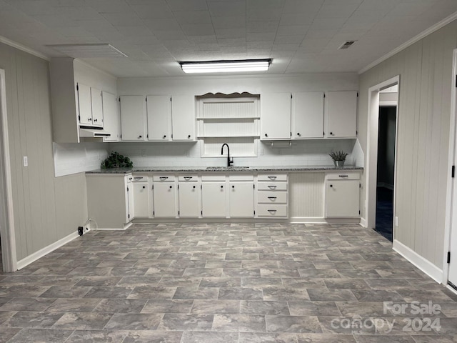 kitchen with wooden walls, white cabinets, sink, decorative backsplash, and crown molding