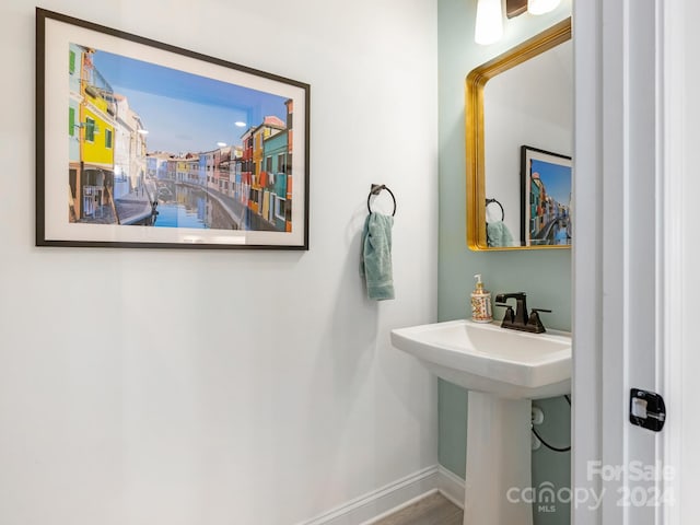 bathroom with hardwood / wood-style flooring