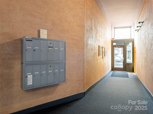 32 Broadway St Unit 230, Asheville, NC 28801 - hallway featuring mail area, a high ceiling, carpet flooring, and baseboards