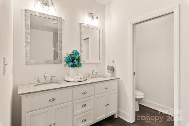 bathroom featuring hardwood / wood-style flooring, vanity, and toilet