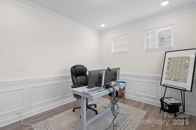 122 W Heart Pine Ln, Statesville, NC 28677 - home office with ornamental molding, wood finished floors, wainscoting, recessed lighting, and a decorative wall
