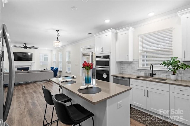 122 W Heart Pine Ln, Statesville, NC 28677 - kitchen featuring a sink, stainless steel appliances, a premium fireplace, plenty of natural light, and ornamental molding