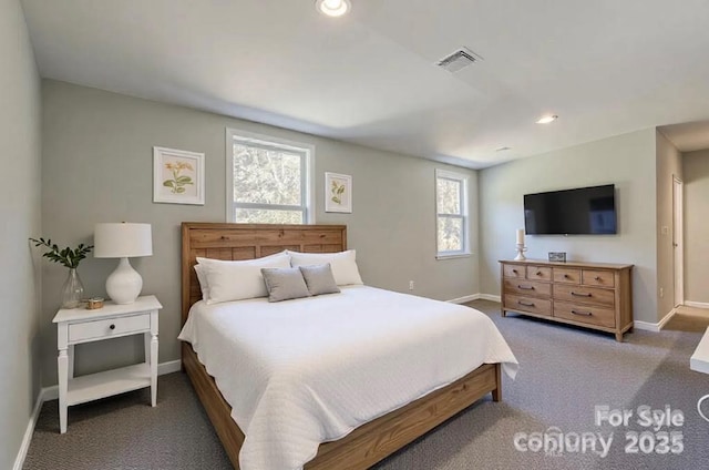 bedroom featuring recessed lighting, visible vents, carpet floors, and baseboards