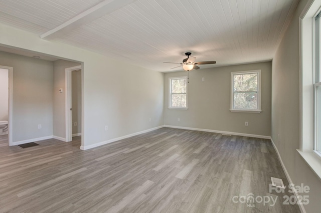 spare room with wooden ceiling, baseboards, a ceiling fan, and wood finished floors