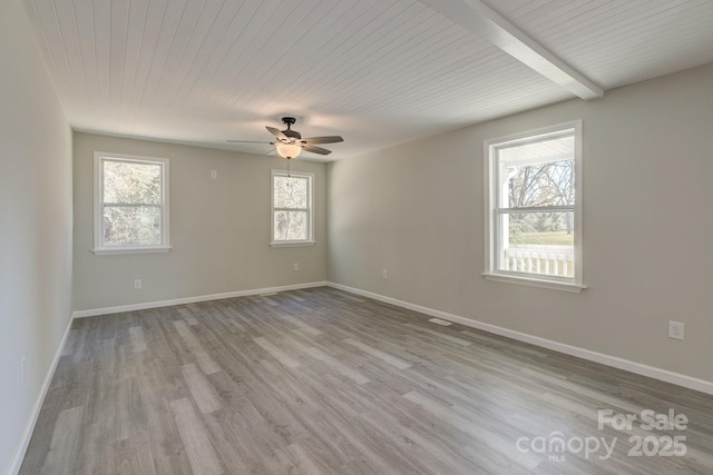 spare room with wooden ceiling, wood finished floors, baseboards, and ceiling fan