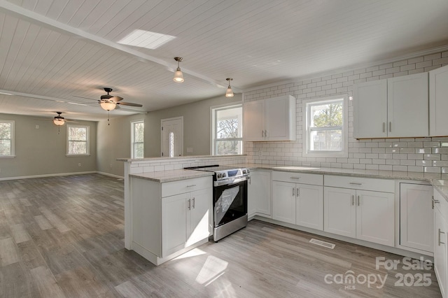 kitchen featuring plenty of natural light, backsplash, a peninsula, and stainless steel range with electric cooktop