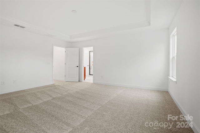 carpeted empty room featuring a raised ceiling