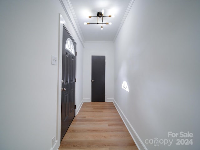 entryway featuring light hardwood / wood-style floors and ornamental molding