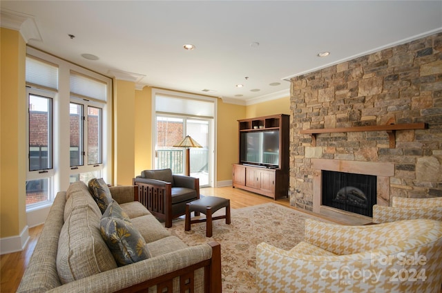 living room featuring ornamental molding, light wood-type flooring, plenty of natural light, and a fireplace