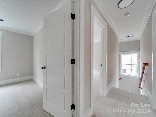 corridor featuring light carpet and ornamental molding