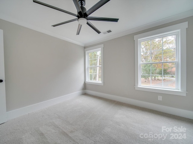 carpeted spare room with crown molding, ceiling fan, and a healthy amount of sunlight