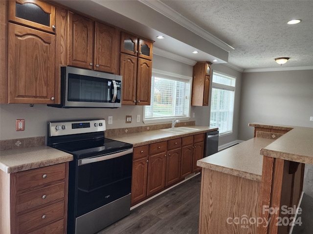 kitchen with stainless steel appliances, sink, ornamental molding, a textured ceiling, and dark hardwood / wood-style flooring