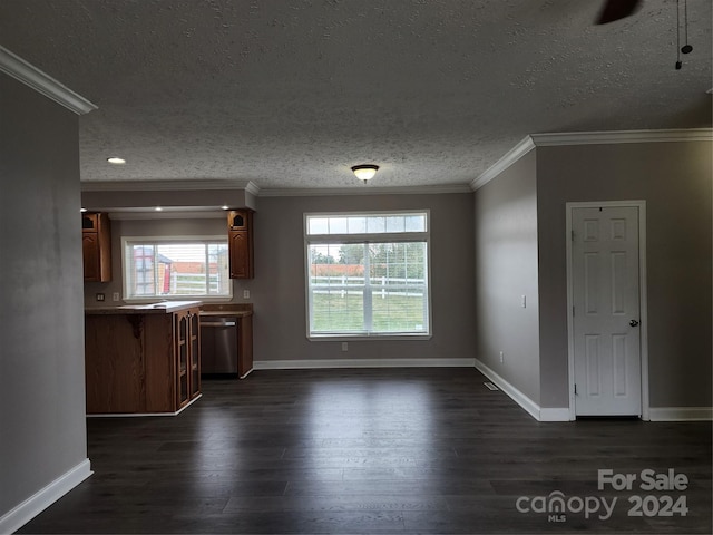 129 Burning Ln, Stony Point, NC 28678 - unfurnished dining area with ornamental molding, dark wood finished floors, baseboards, and a textured ceiling