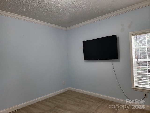 carpeted empty room featuring a textured ceiling and crown molding