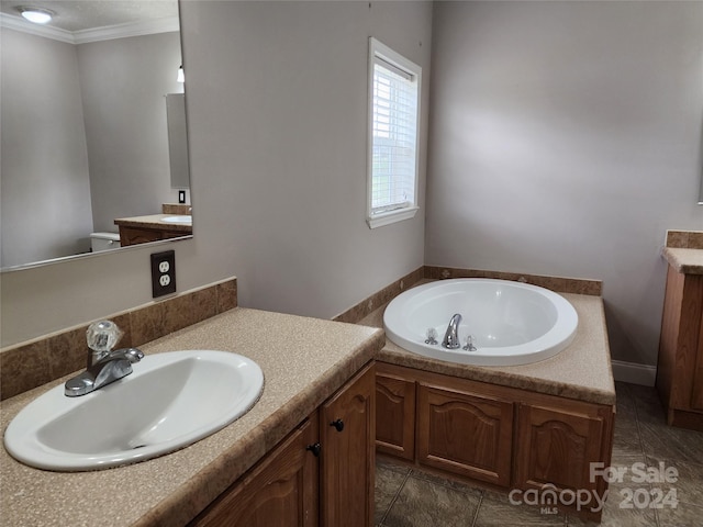 bathroom with a tub to relax in, vanity, and ornamental molding