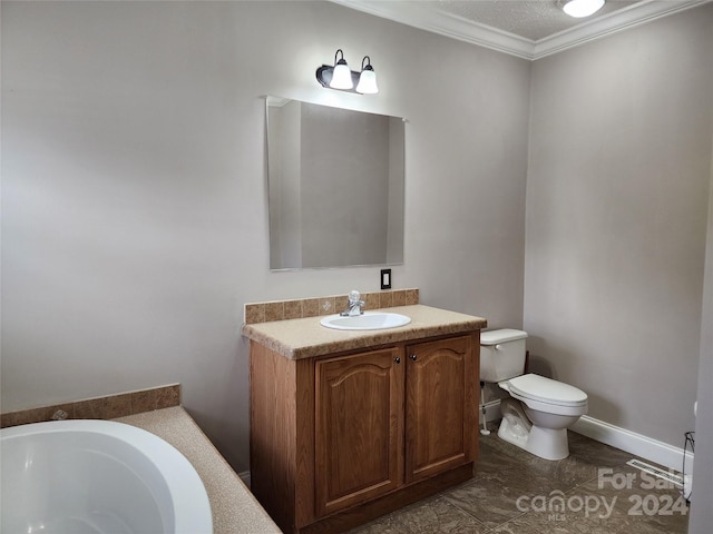 bathroom featuring ornamental molding, vanity, a textured ceiling, and toilet