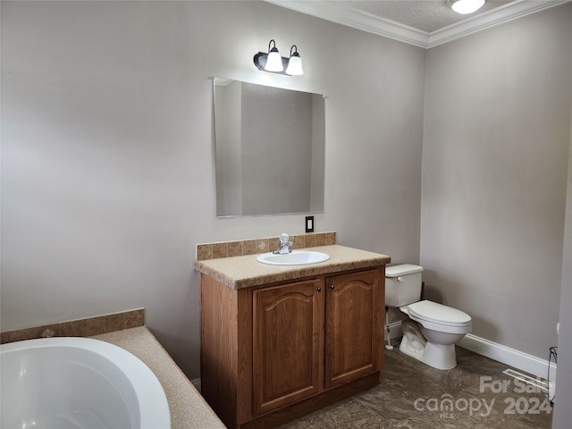 129 Burning Ln, Stony Point, NC 28678 - bathroom with toilet, vanity, a tub to relax in, ornamental molding, and baseboards