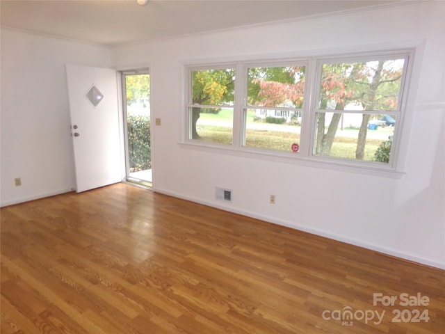 interior space featuring wood-type flooring and ornamental molding