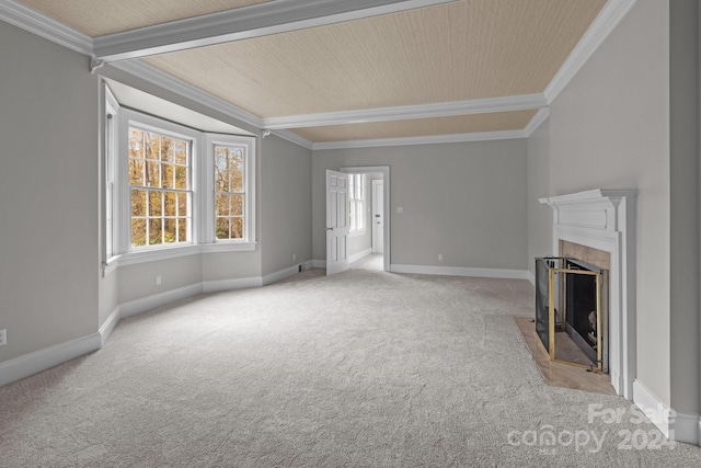 unfurnished living room featuring light colored carpet and crown molding