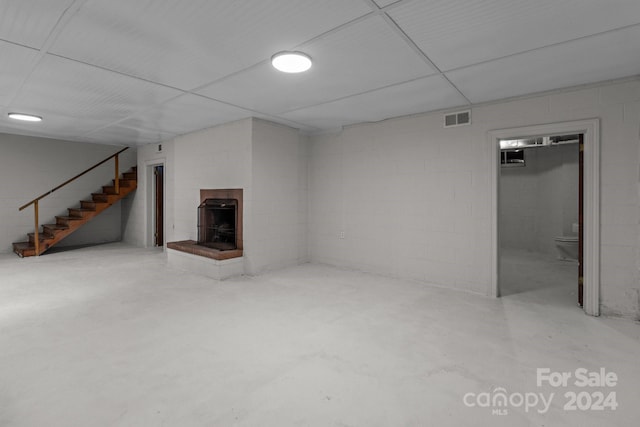 basement with a wood stove