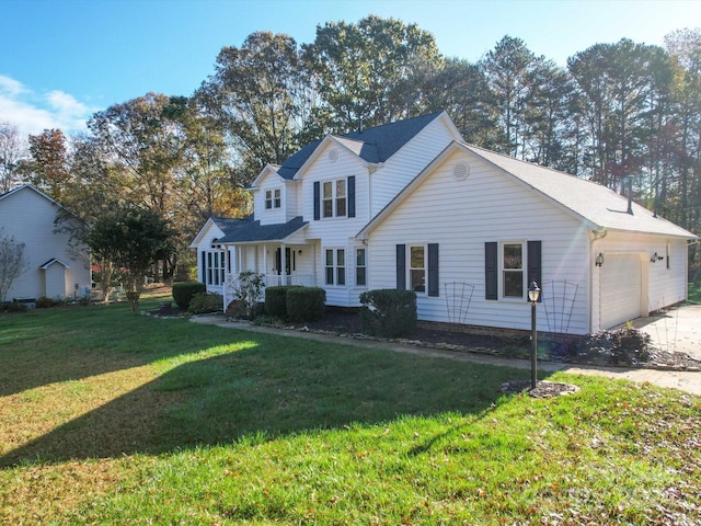 view of front of property featuring a garage, a porch, and a front lawn