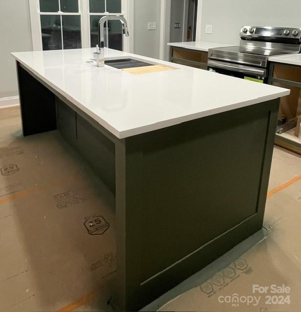 kitchen featuring electric range, a kitchen island with sink, and sink