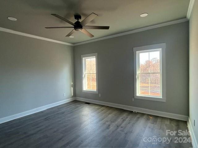 empty room with wood-type flooring, ceiling fan, and ornamental molding