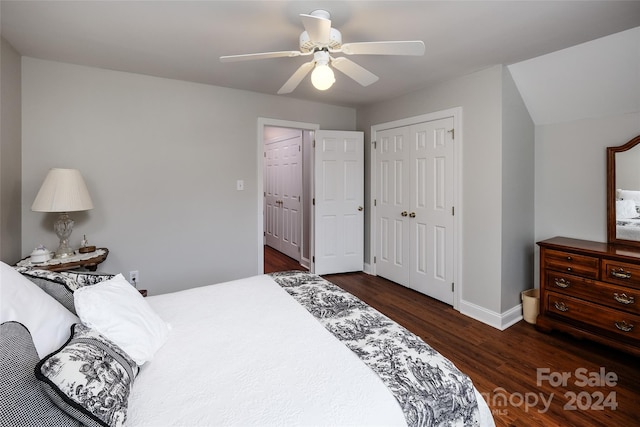 bedroom with ceiling fan and dark wood-type flooring