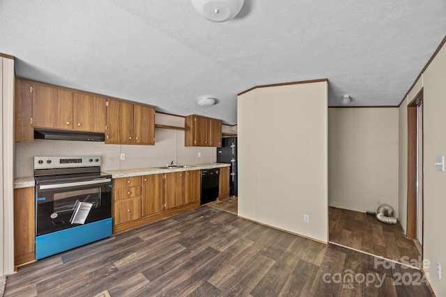 kitchen featuring lofted ceiling, black appliances, a textured ceiling, dark hardwood / wood-style floors, and ventilation hood