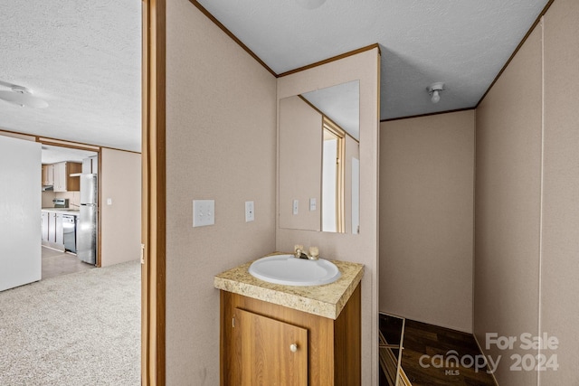 bathroom with vanity, a textured ceiling, and lofted ceiling