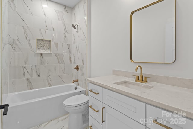 full bathroom with tiled shower / bath combo, vanity, and toilet