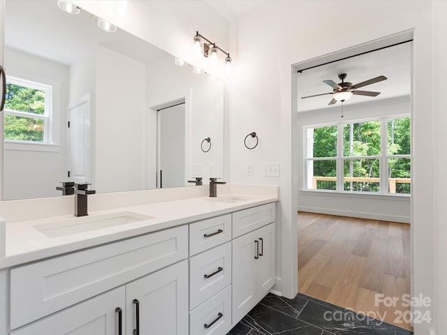 bathroom featuring ceiling fan, vanity, wood-type flooring, and a healthy amount of sunlight