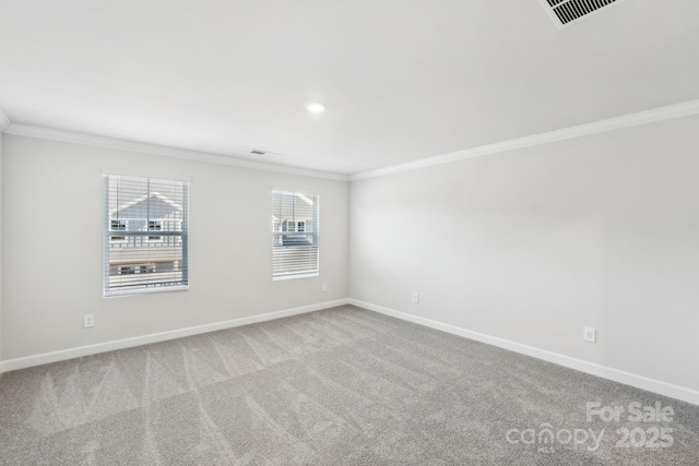 carpeted spare room with crown molding