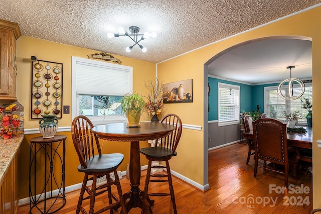 dining room with hardwood / wood-style floors, a textured ceiling, an inviting chandelier, and crown molding