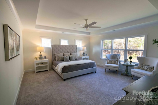 carpeted bedroom with a tray ceiling and ceiling fan