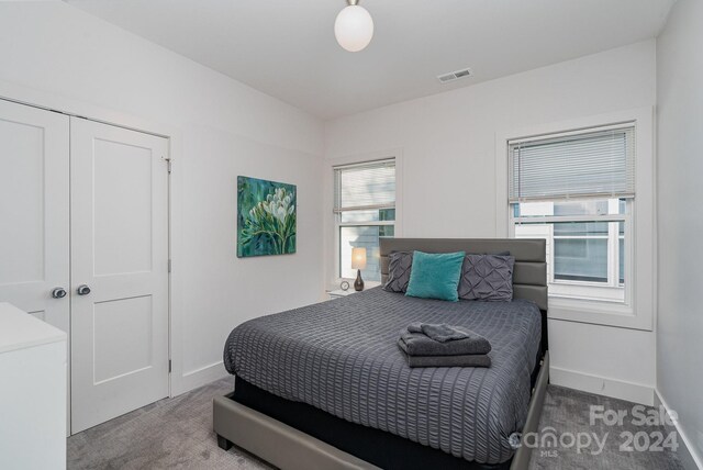 bedroom featuring carpet flooring and a closet