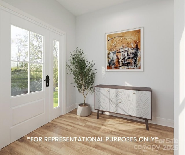 doorway featuring a wealth of natural light, baseboards, and wood finished floors