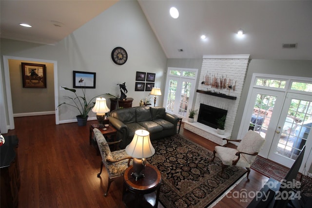 living room featuring a healthy amount of sunlight, dark hardwood / wood-style flooring, and french doors