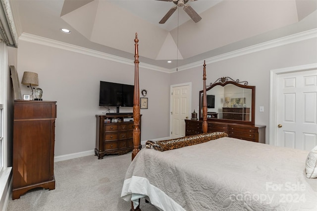 carpeted bedroom with ceiling fan and crown molding