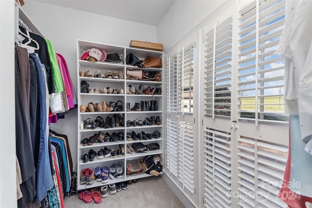 walk in closet with carpet floors