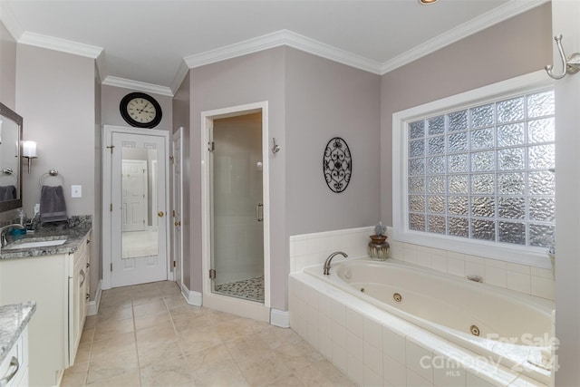 bathroom with crown molding, tile patterned flooring, vanity, and shower with separate bathtub